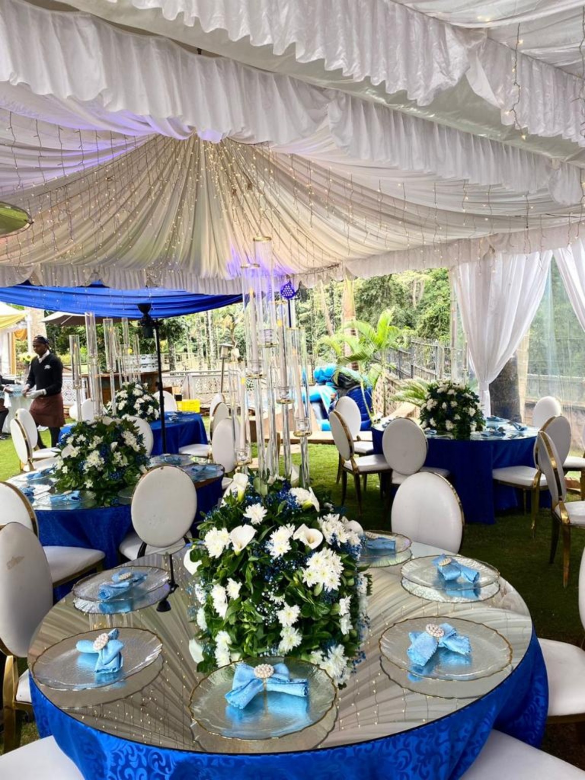 Luxury event tent at dusk